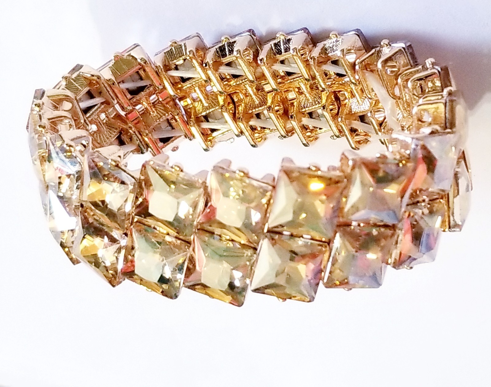 Topaz Gold Rhinestone Stretch Bracelet Statement Drag Pageant Prom Bridal