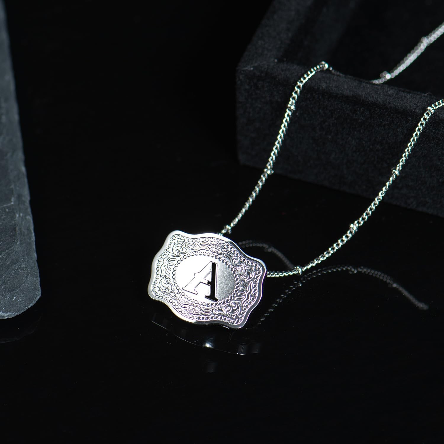 Rhodium-Plated Initial Letter Pendant Necklace with Embossed Belt Buckle, Wes…