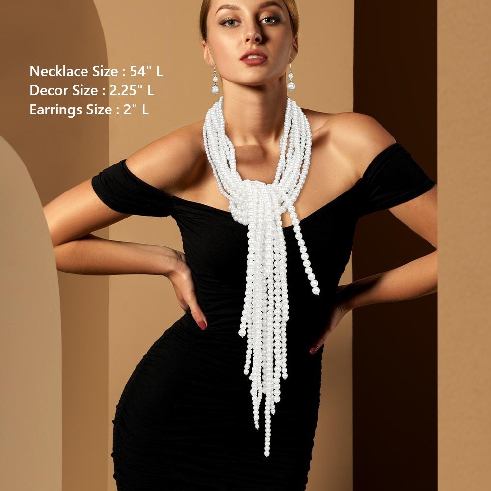 Long White Ball Statement Chunky Necklace Pearl Multi Row Strand Layered Bead