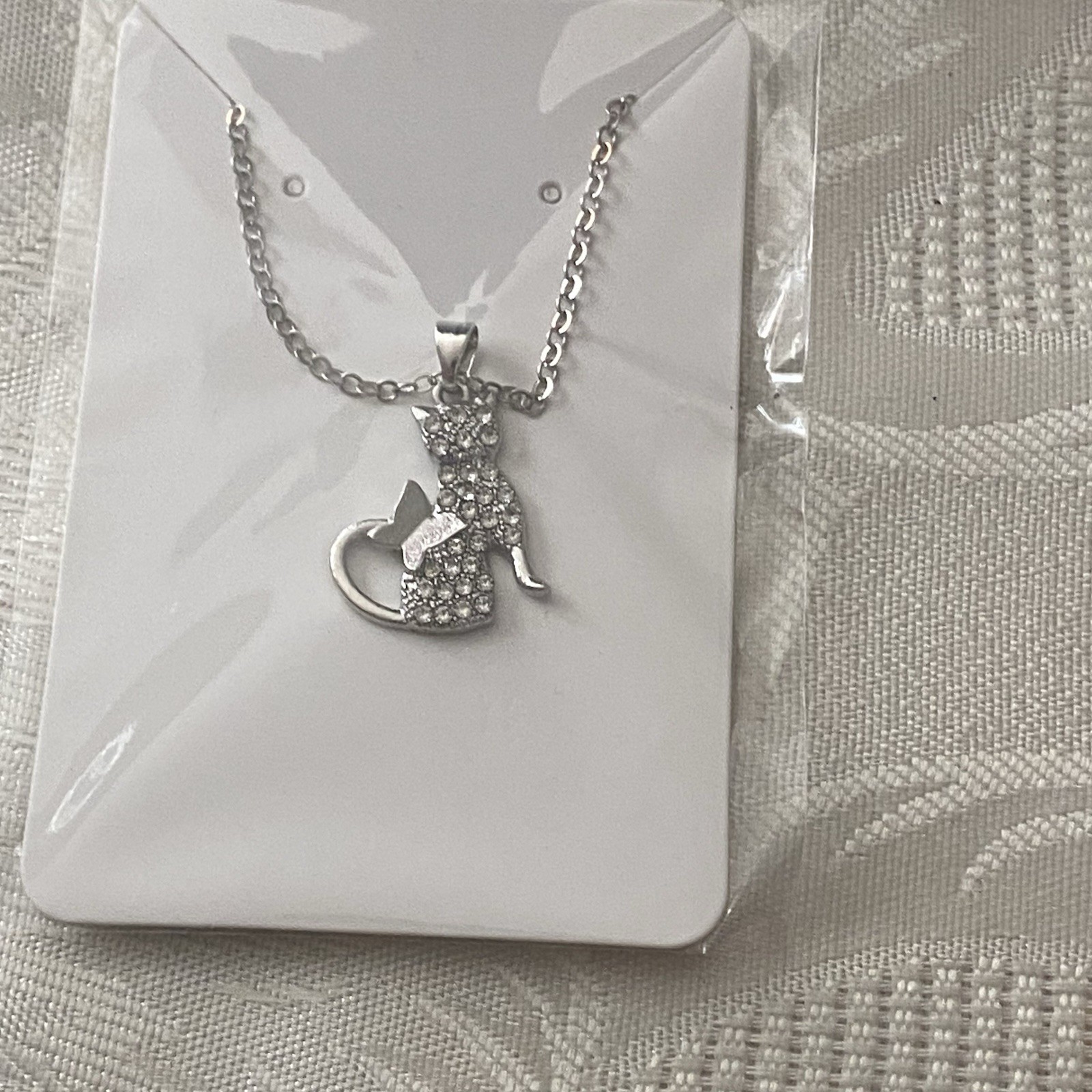 Cat & Butterfly & Clear Rhinestones Silver Tone Pendant On 20” Necklace Chain