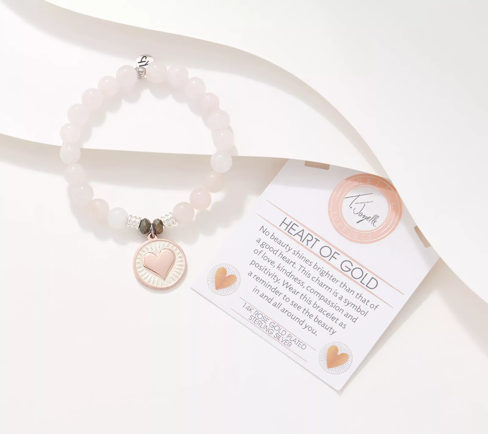 T. Jazelle Gemstone and Rose Clad SS Heart of Gold Charm Beaded Bracelet