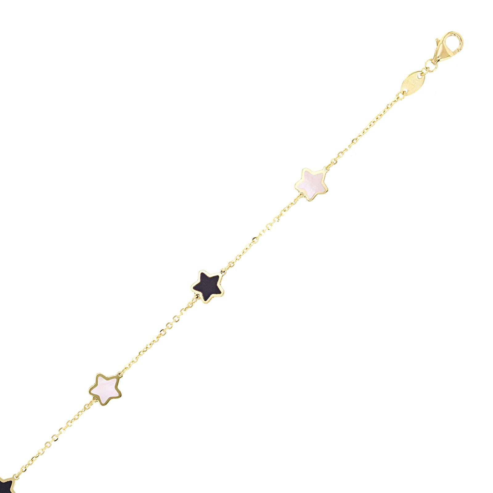 Italian 14k Yellow Gold Mother of Pearl & Onyx STAR Charm Bracelet 7.5″ 1.5 gram