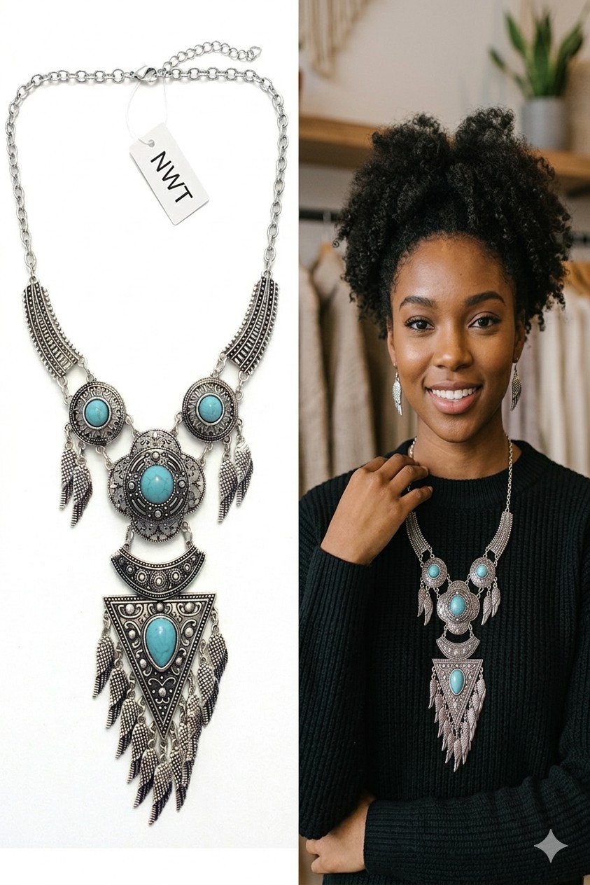 NWT Boho Turquoise Silver Statement Necklace Earrings Ethnic Tribal Wing Bold