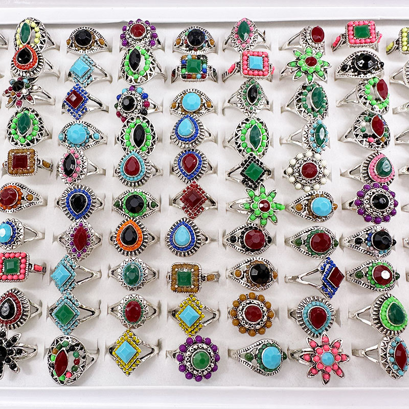 Wholesale 100Pcs Ethnic Vintage Rings Flower Carved Stone Women Antique Jewelry