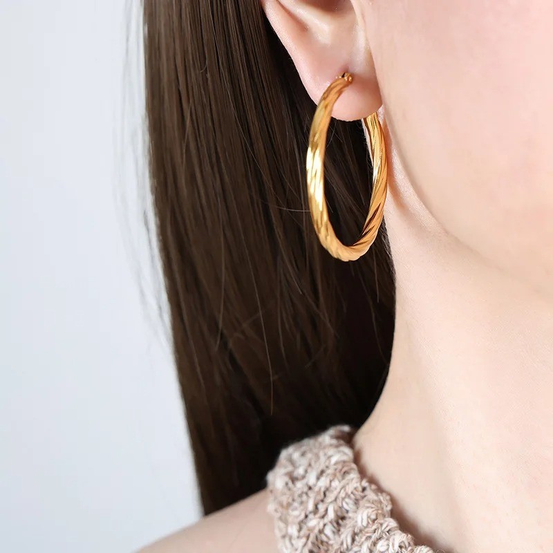 Twisted Round Hoop Earrings For Women Stainless Steel Vintage 3mm Thick