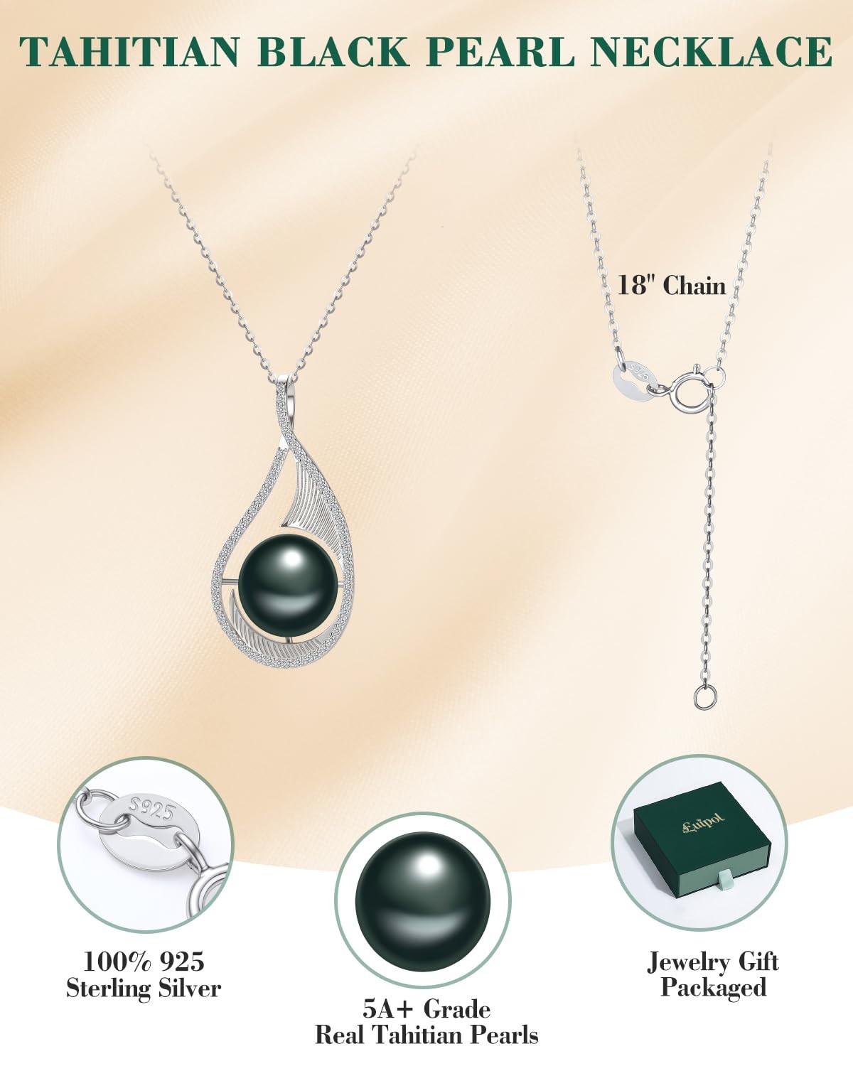 Tahitian Black Pearl Necklace Gift for Women Wife – Mothers Day Gifts, 9-11mm…