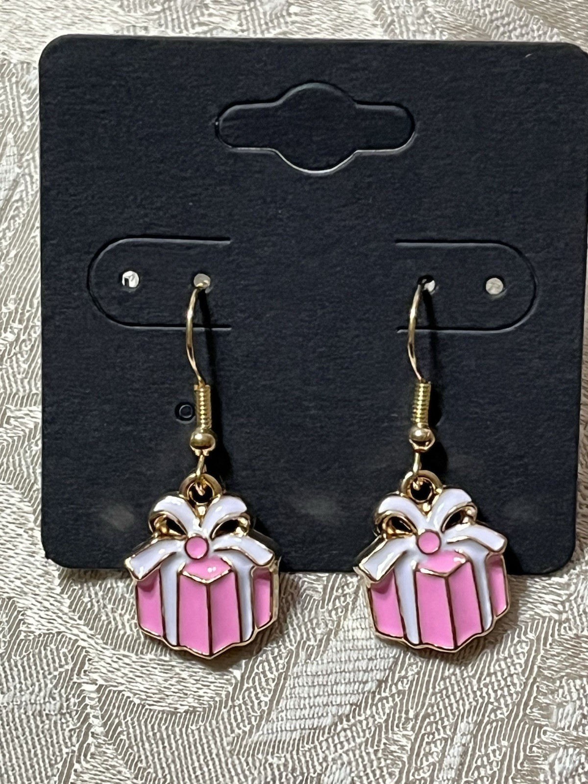 Christmas Pink White Presents Gold Enamel Drop Dangle Adorable Earring Set