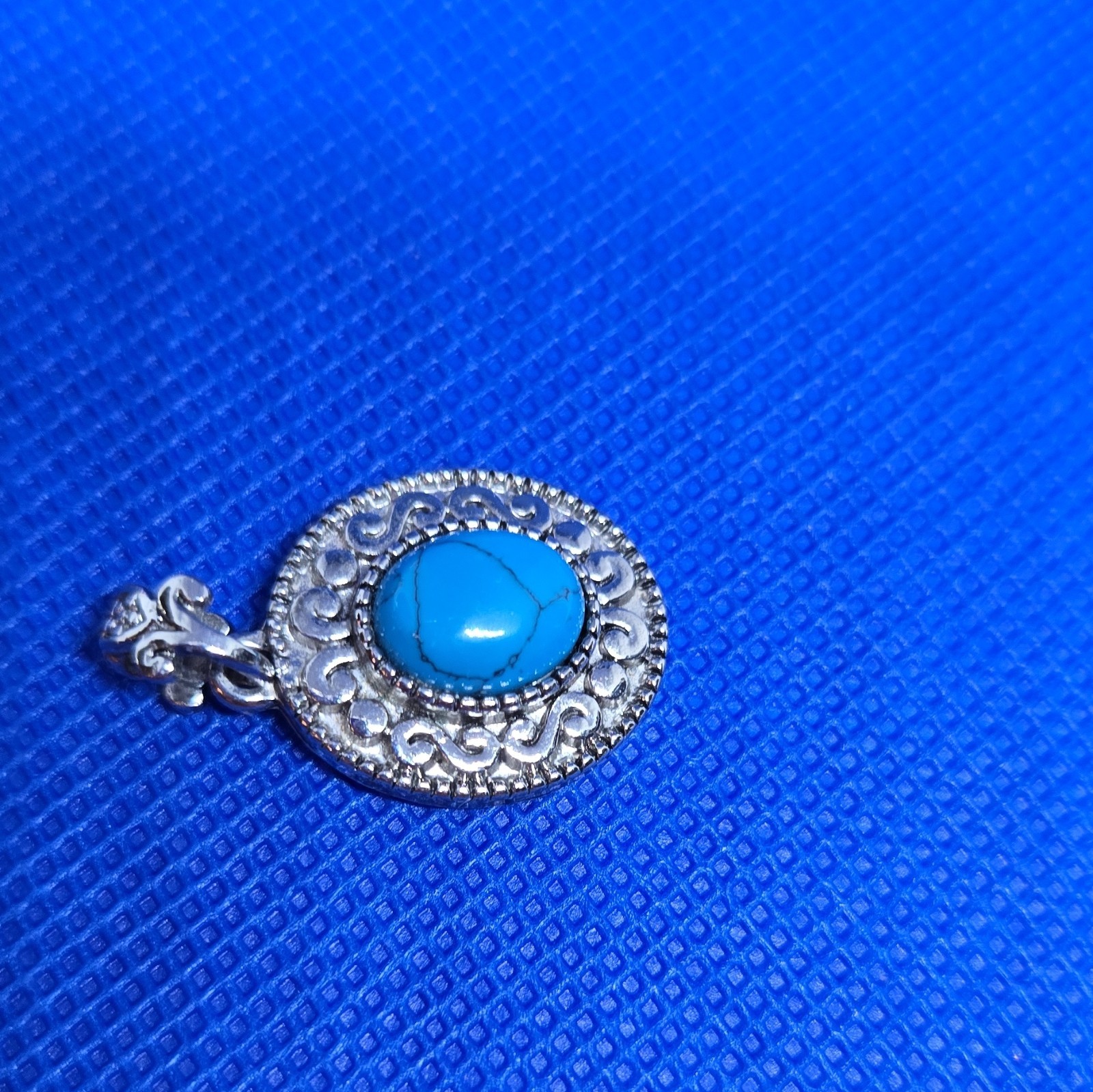 Silver Tone Oval Turquoise Cabochon Bezel Pendant Charm w/ Filigree & Amethyst