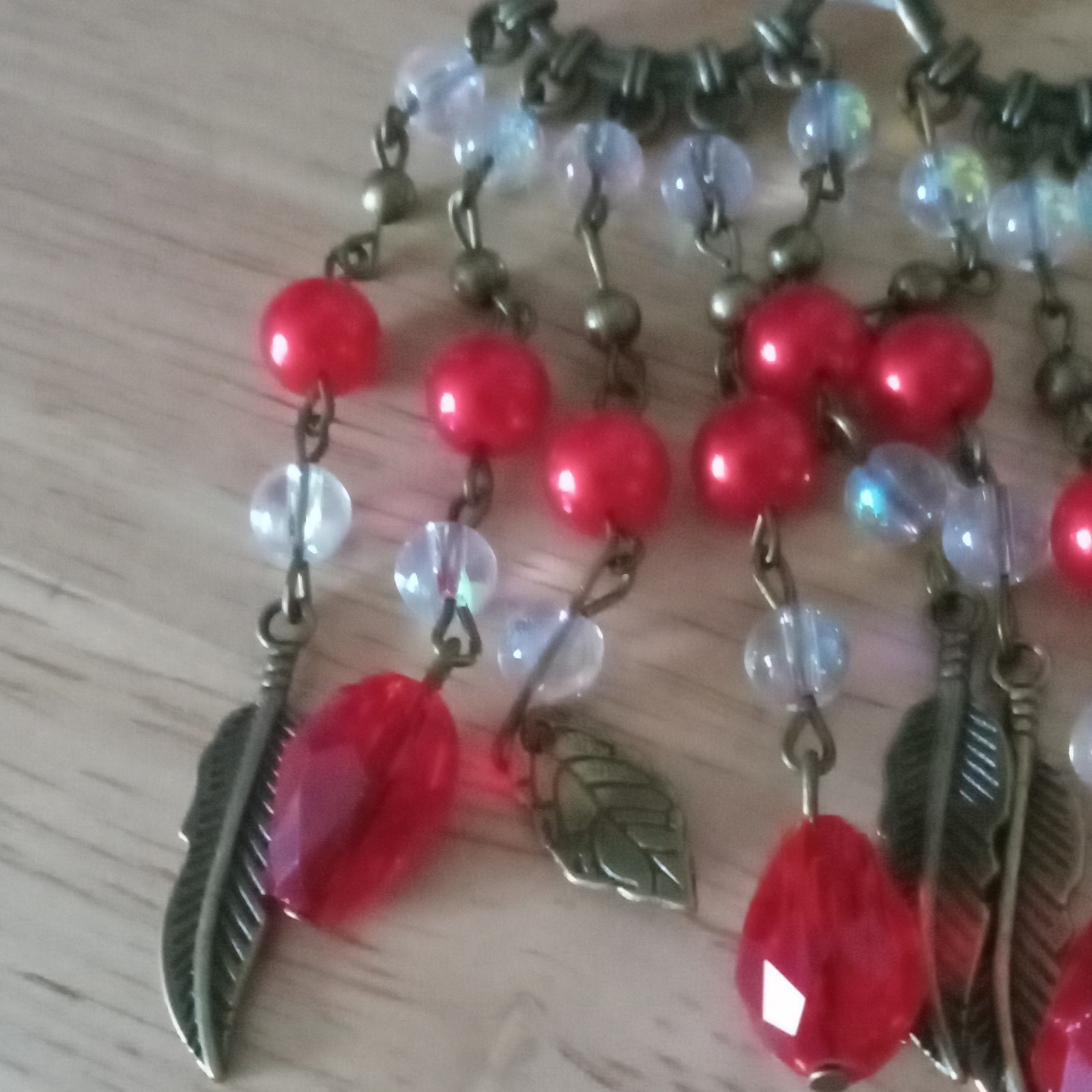 Red Beaded Dangle/Drop Earrings Pair, Metal Plastic, Hook Closure, Lobe