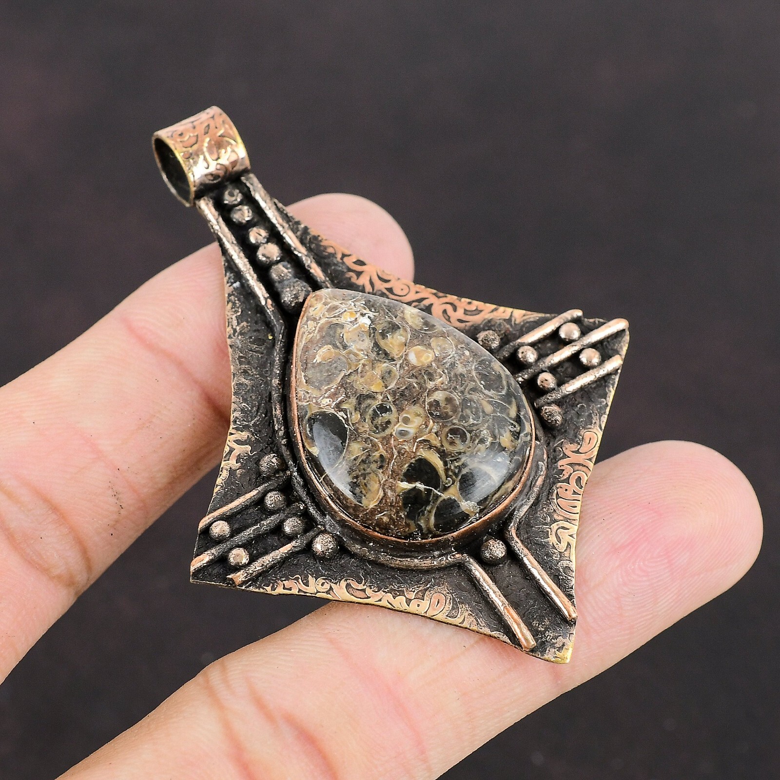 Valentines Deal Copper Pear Turritella Agate Stone Mother Bezel Pendant Jewelry