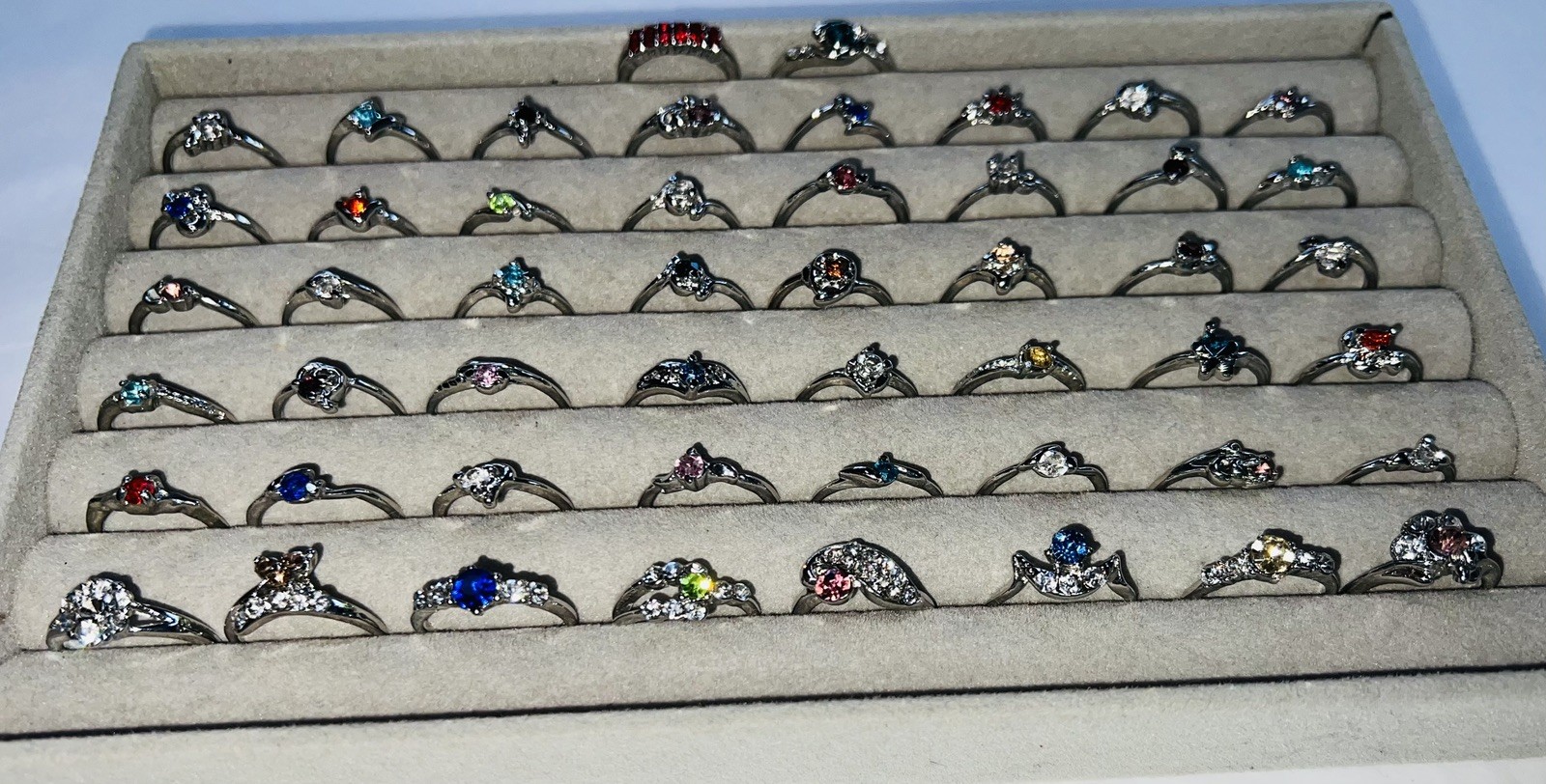 Bundle Of 50 Lovely Silver Coloured Rhinestone RINGS Single & Multiple Gem Stone