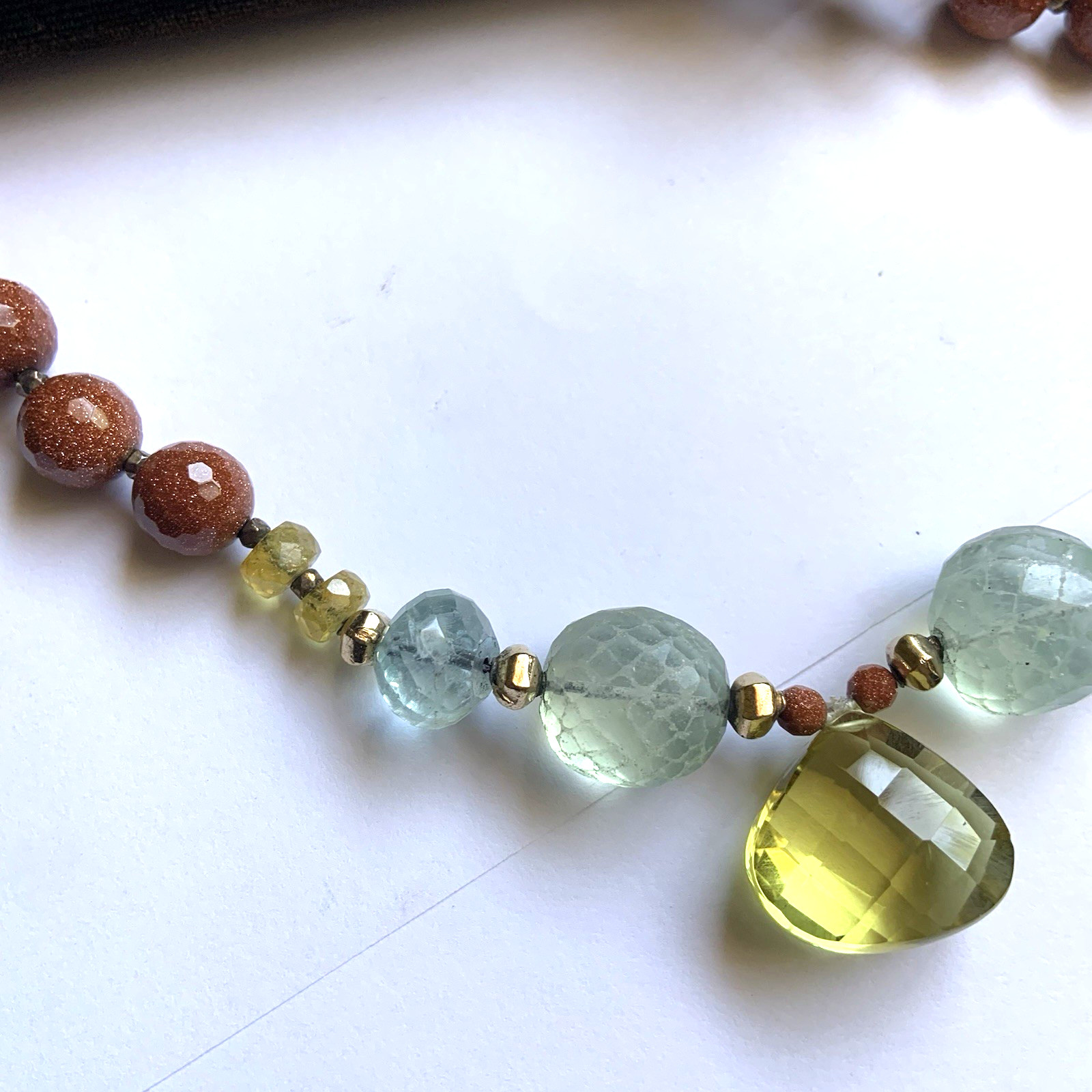 Goldstone and Semi Precious Stones Beaded Necklace Handmade 17.5 in long