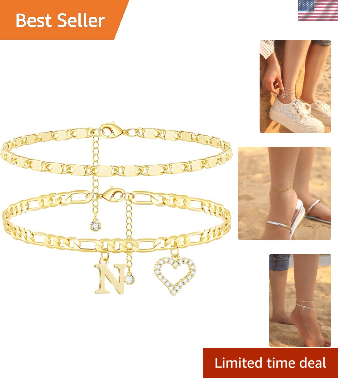 14k Gold Initial Ankle Bracelet for Women 10k Solid Gold Layered Figaro Anklets
