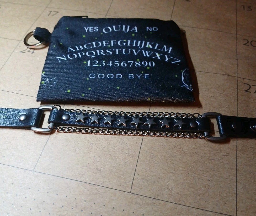 Goth ,punk, Horror, Black Leather Bracelet & Keyring Change Purse Set. Free Ship