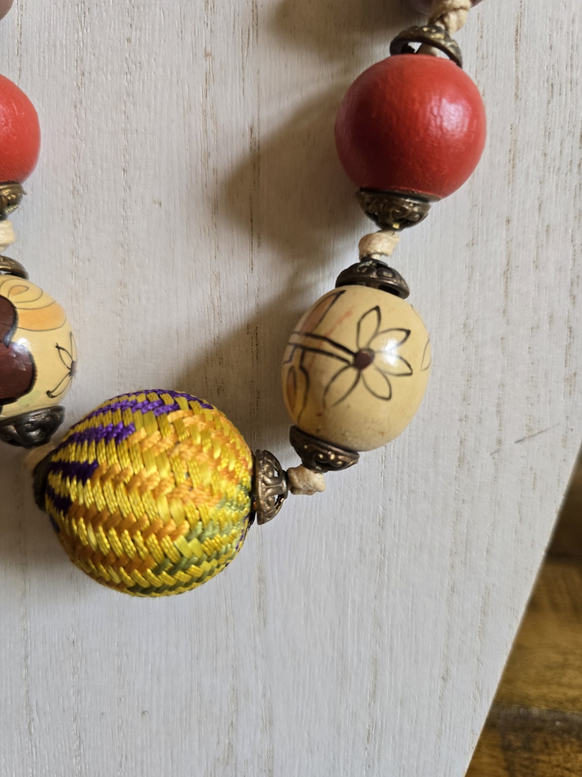 Boho NECKLACE Graduated Wooden & Woven Beads Hand Carved Painted Tribal Natural