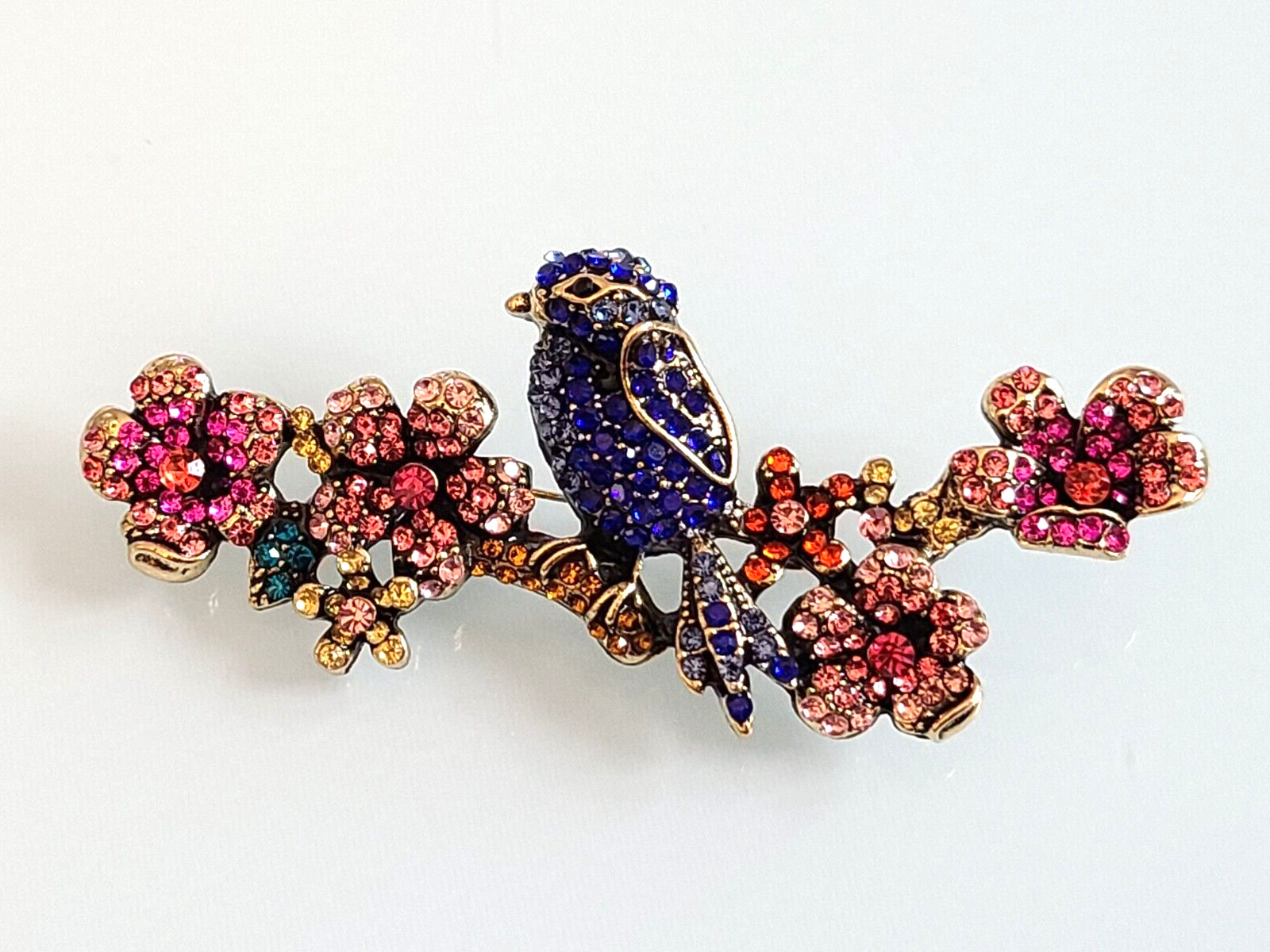 FAB HEIDI DAUS UNSIGNED BLUE BIRD ON A BRANCH OF FLOWERING CHERRIES BROOCH HUGE