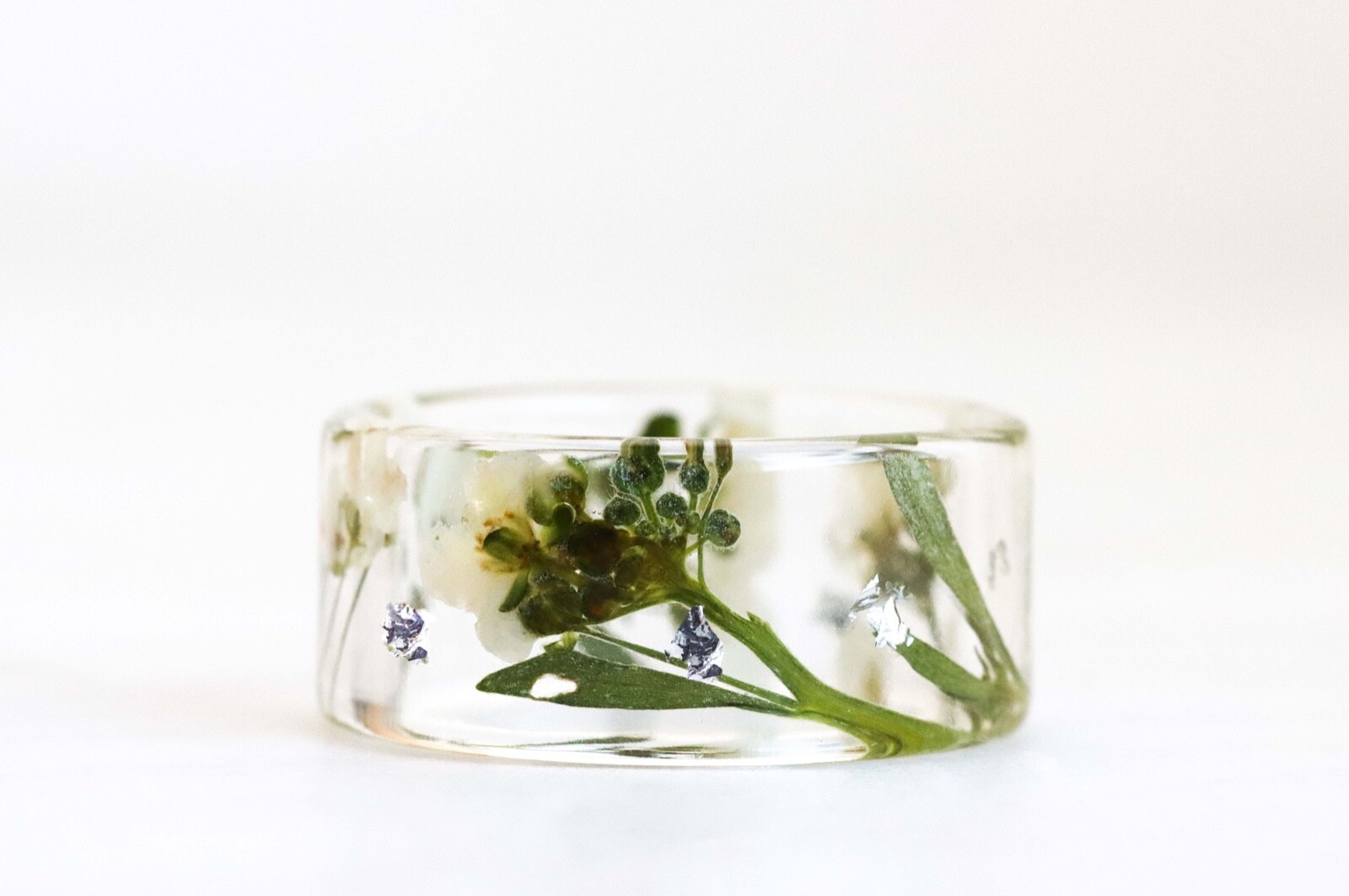 Wide Ring with Pressed Real White Alyssum Flowers and Gold Flakes, Resin Ring