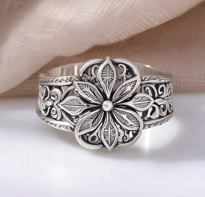Silver Flower Ring Handmade Filigree Floral Statement Band
