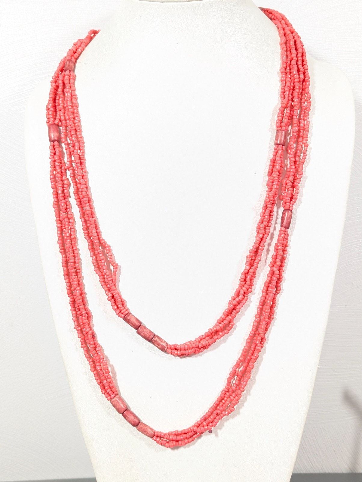 Beachy Boho Pink Glass Bead Multi Strand Very Long Necklace 62 in