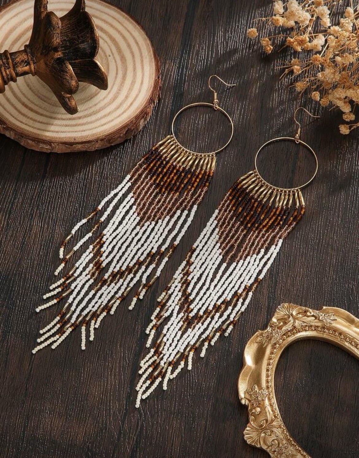 Extra Long Handmade Seed Bead Earrings Gold Round Hoop Gold White Brown Beaded