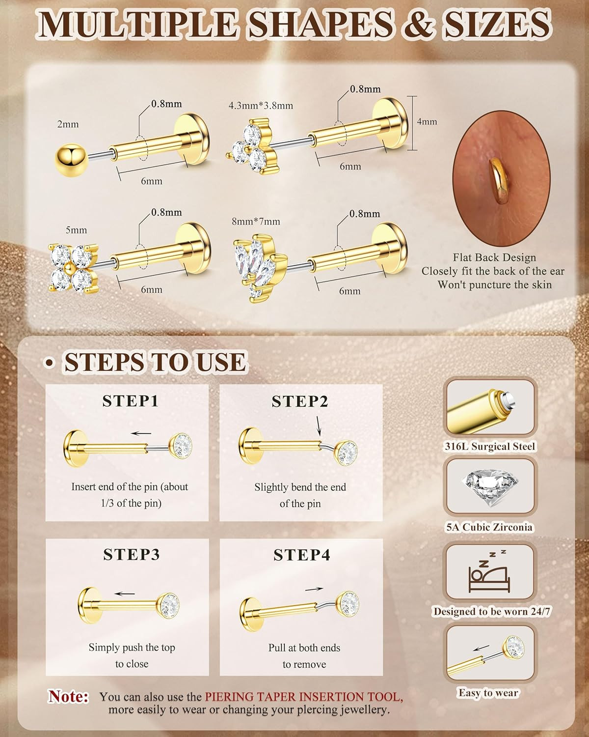 14K Gold Plated Threadless Flat Back Earrings for Women Men 316L Surgical Steel