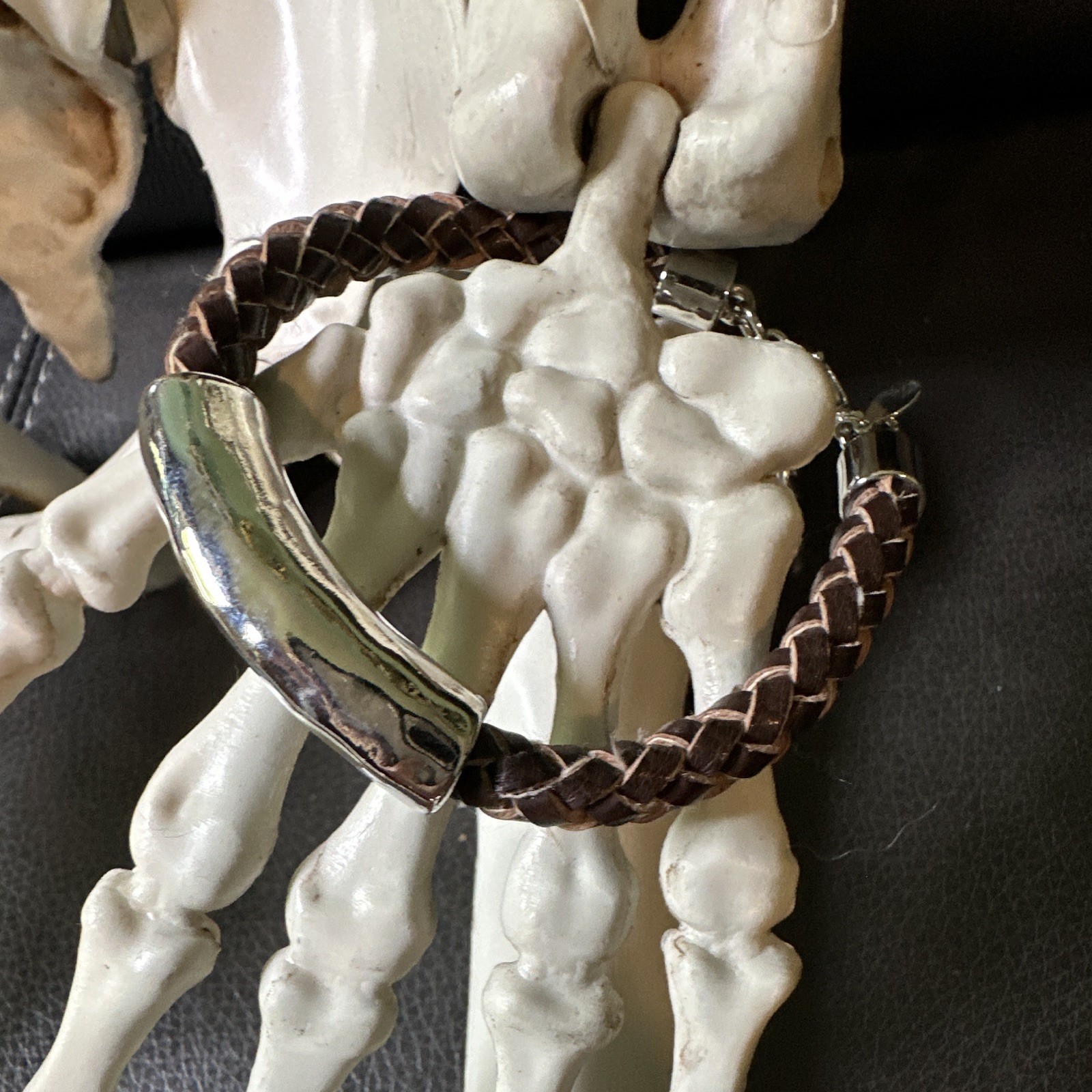 Braided Brown Leather Adjustable Bracelet, Silver Tone Lobster Clasp Signed