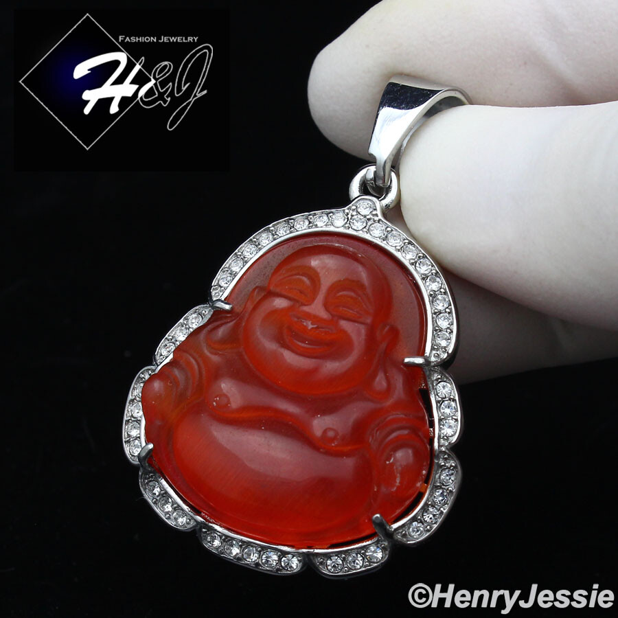 18″-36″MEN Stainless Steel 3mm Silver Box Chain Carnelian Rhinestone Pendant*117