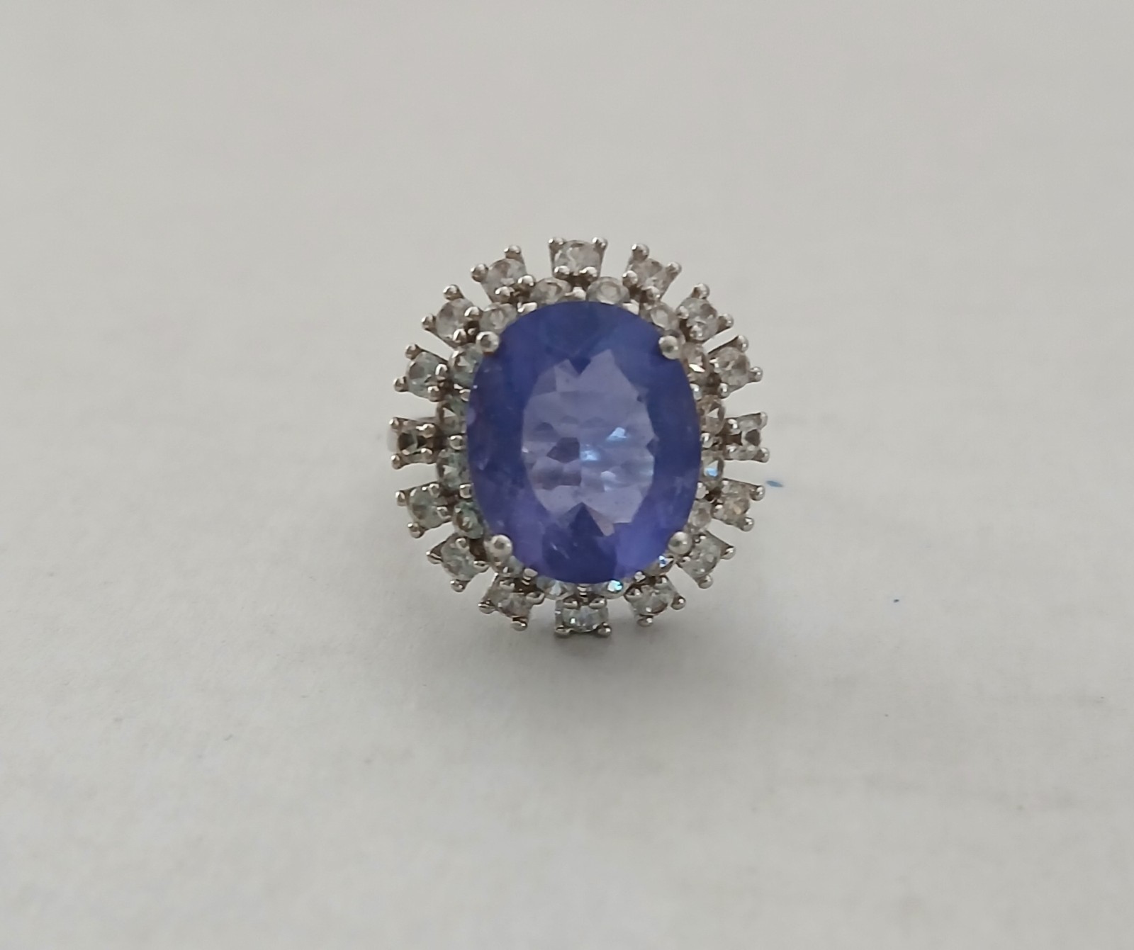 Sterling Silver Ring – Oval Blue Stone & CZ, Size 5. Marked CS 925 China. 4.8G