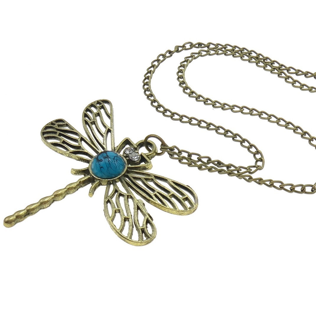 Wholesale Lot 8 Antiqued Brass Tone Dragonfly Necklaces Rhinestone Turquoise Cab