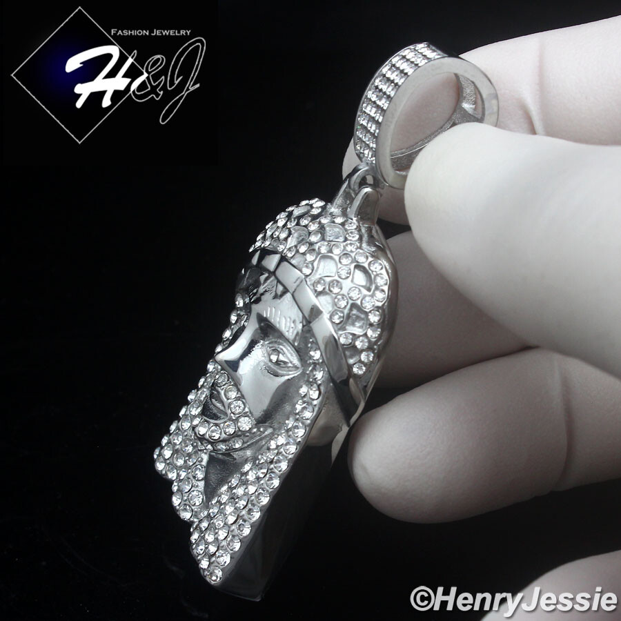 18″-40″MEN Stainless Steel 5mm Silver Box Link Necklace ICY CZ Jesus Pendant*150