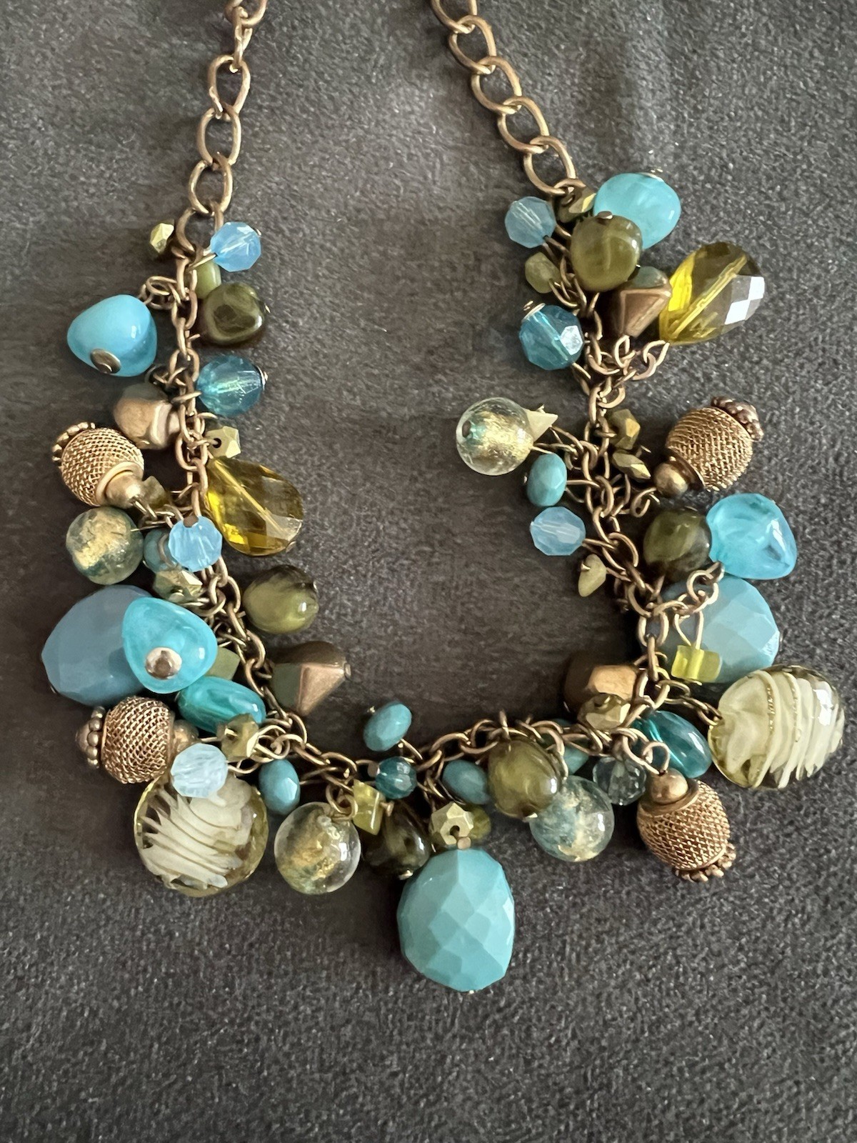 Multicolor Beaded Charm Necklace Turquoise Green Bronze 16”