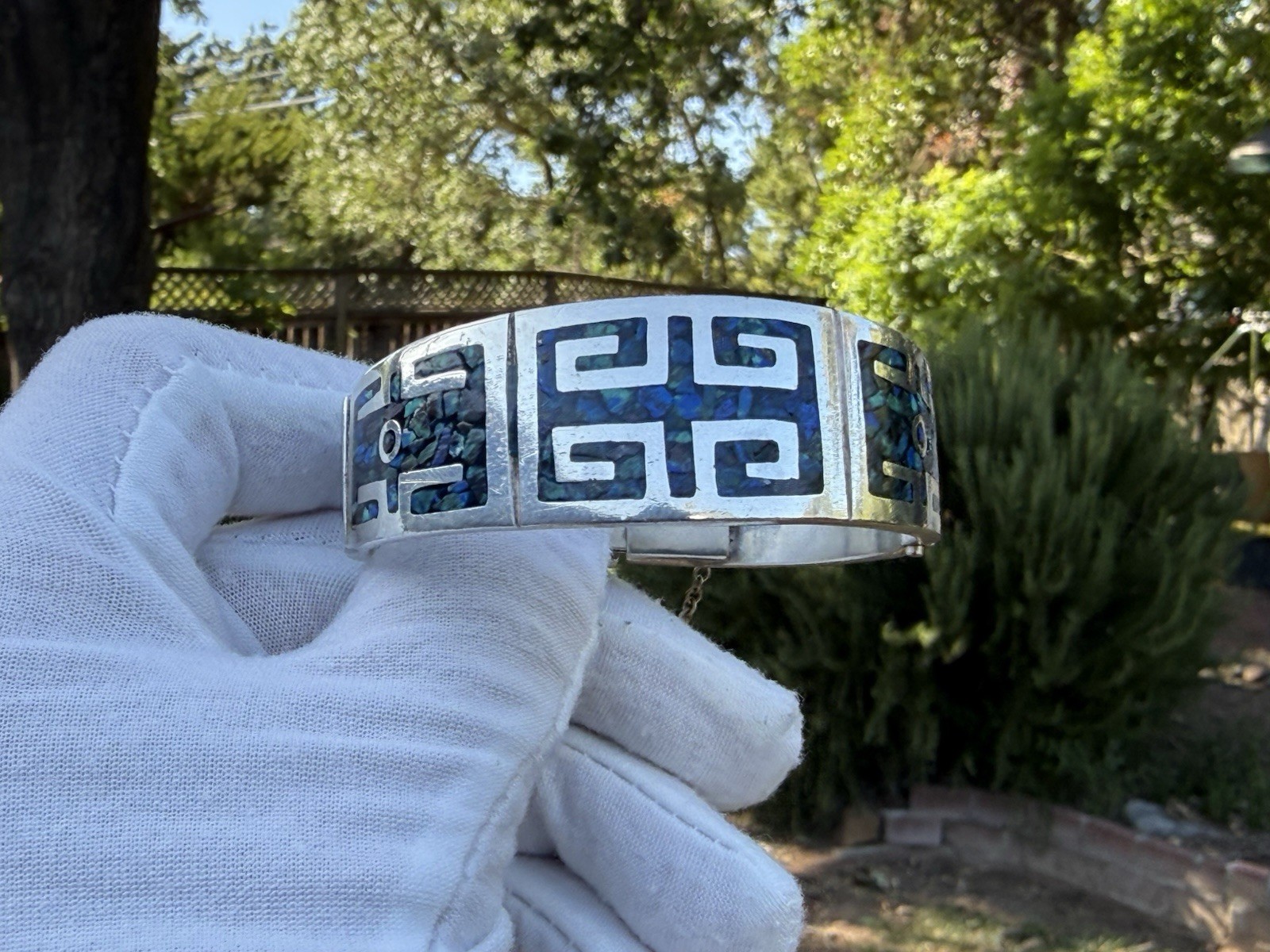 vintage 925 Sterling Silver Mexico Turquoise Inlay Cuff Panel Bracelet signed TF