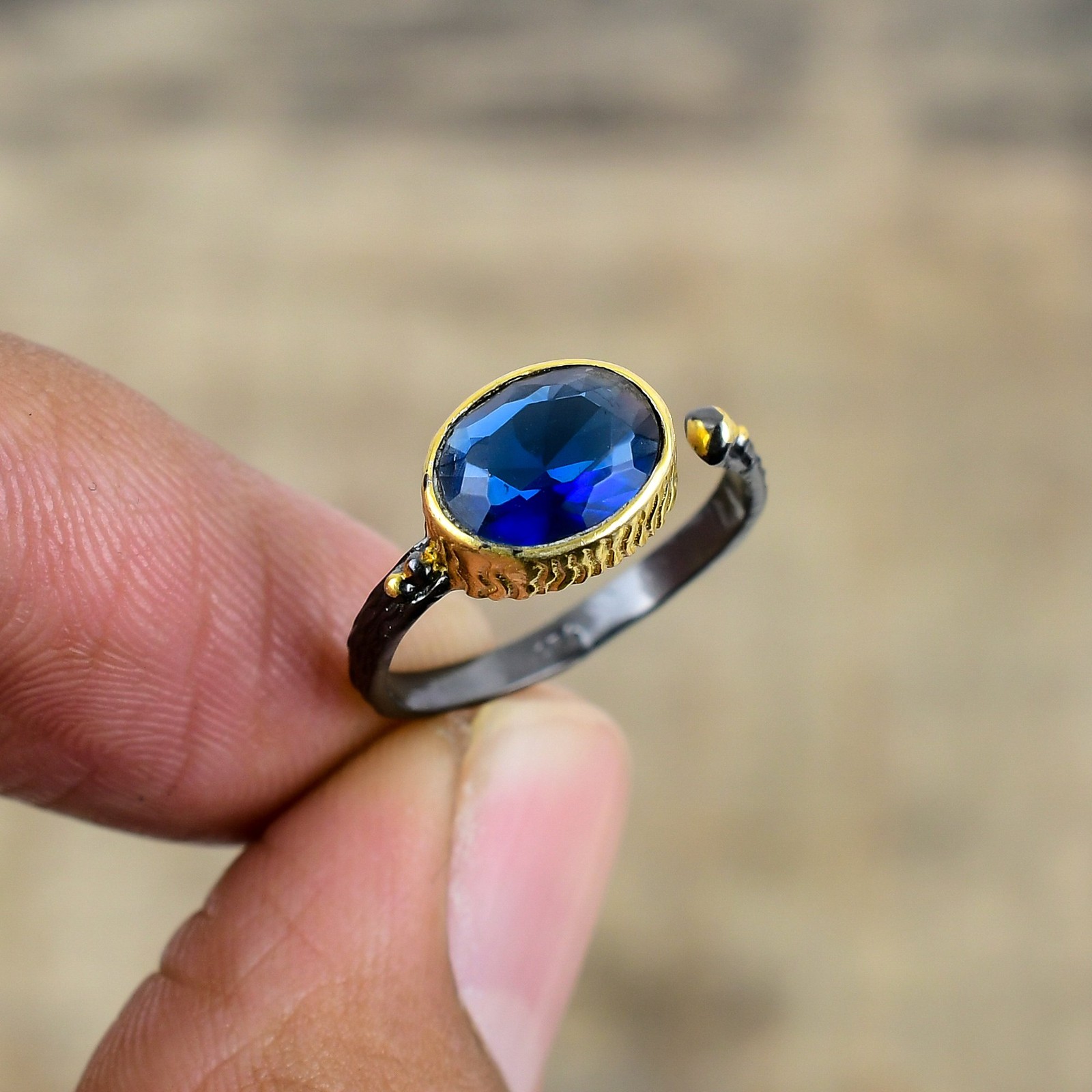Blue Sapphire (Simulated) 925 Sterling Silver Ring S.Adjustable R8716