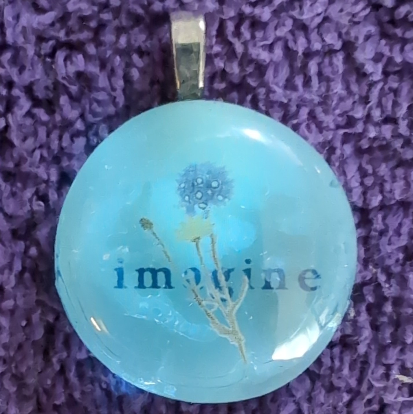 Blue Round Glass Dome Charm Pendant w/ “imagine” Text, Dandelion Design