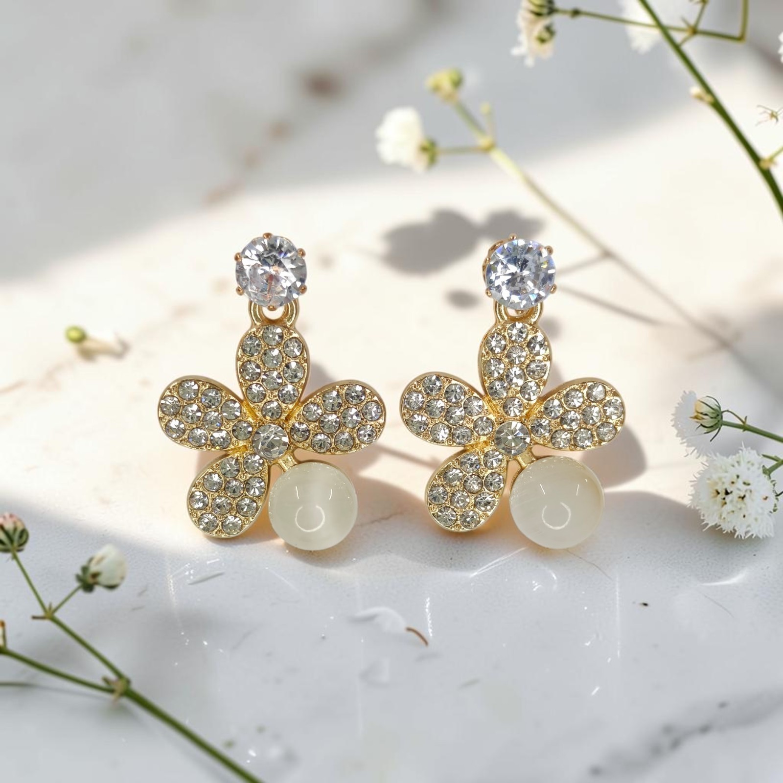 Gold Plated Daisy Flower Dangle Earrings with Rhinestones & Faux Pearl for Women