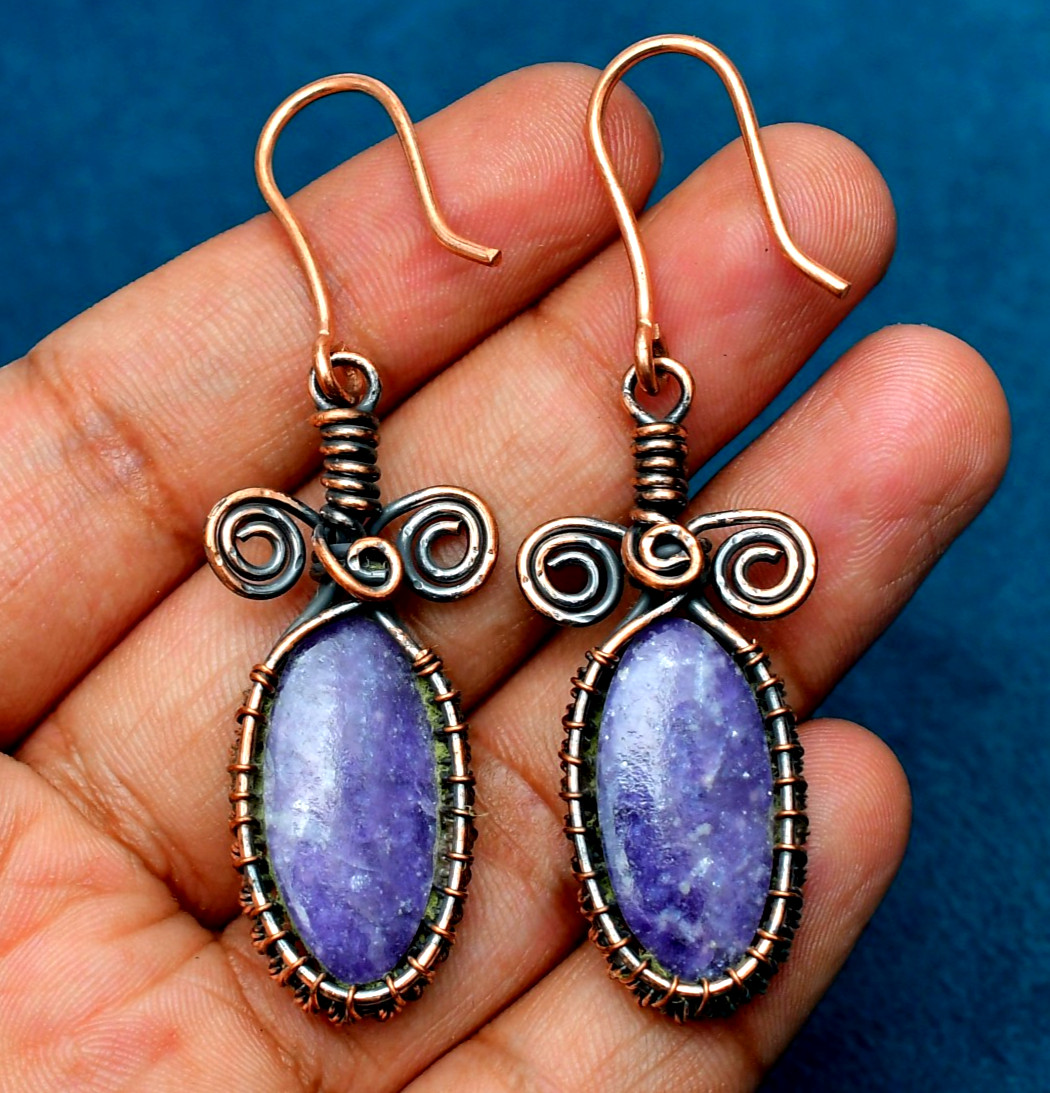 Lepidolite Gemstone Handmade Copper Ethnic Jewelry Earrings 2.51″