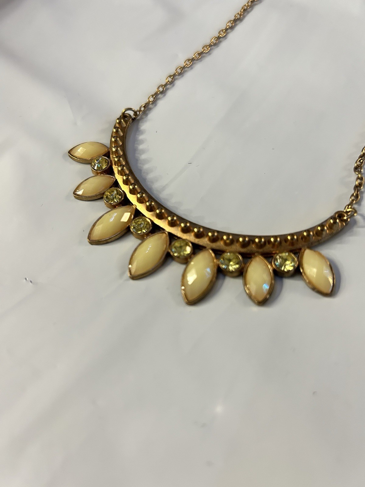 Gold Tone Statement Necklace Cream & Yellow Rhinestone Crescent Pendant Cable