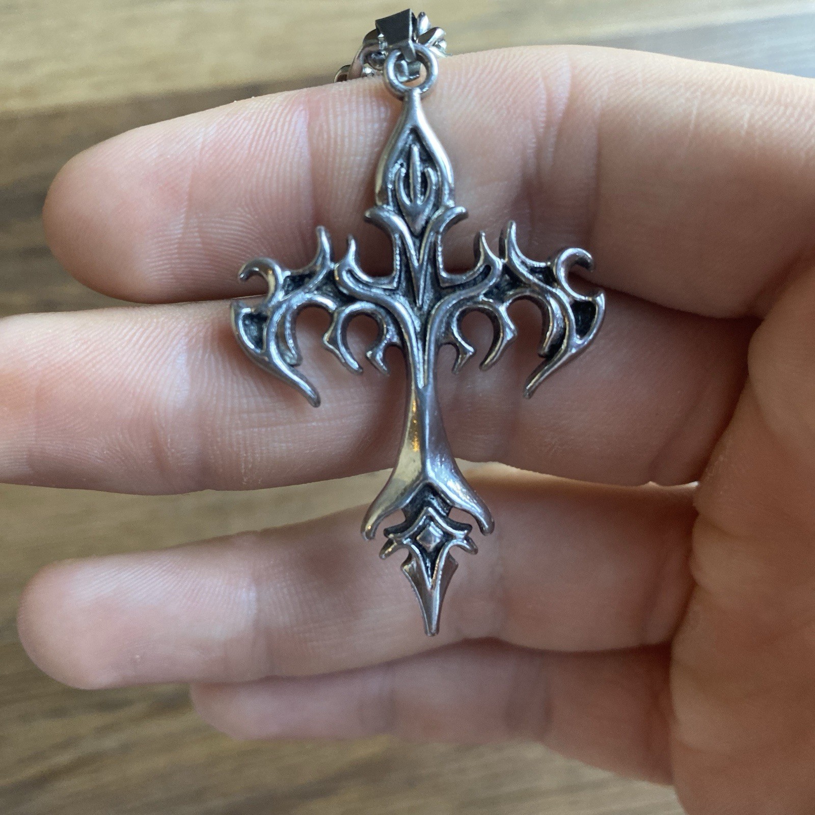 Silver Gothic Cross Charm Pendant Necklace Cable Chain Metal Religious Style