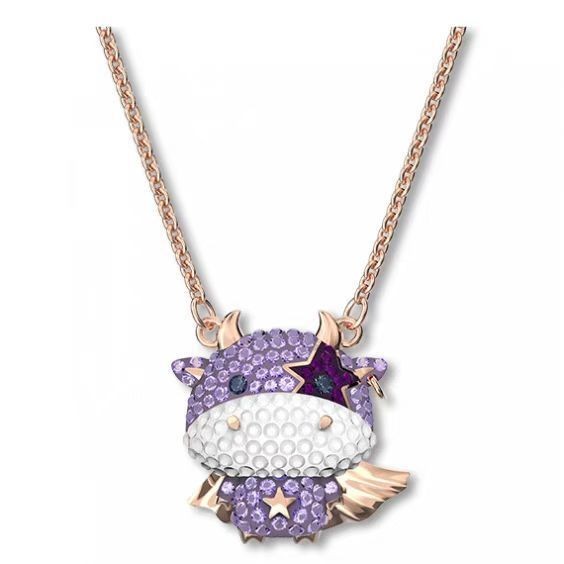 Swarovski Crystal Zodiac Cow Necklace Purple & White Star Detail Rose Gold Tone