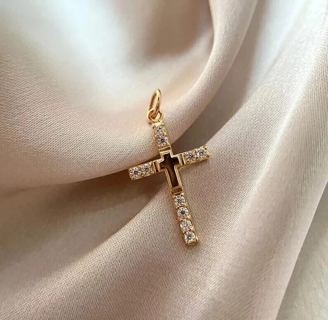30MM Cross Pendant Chain Christmas Gift Simulated Diamond 14K Yellow Gold Plated