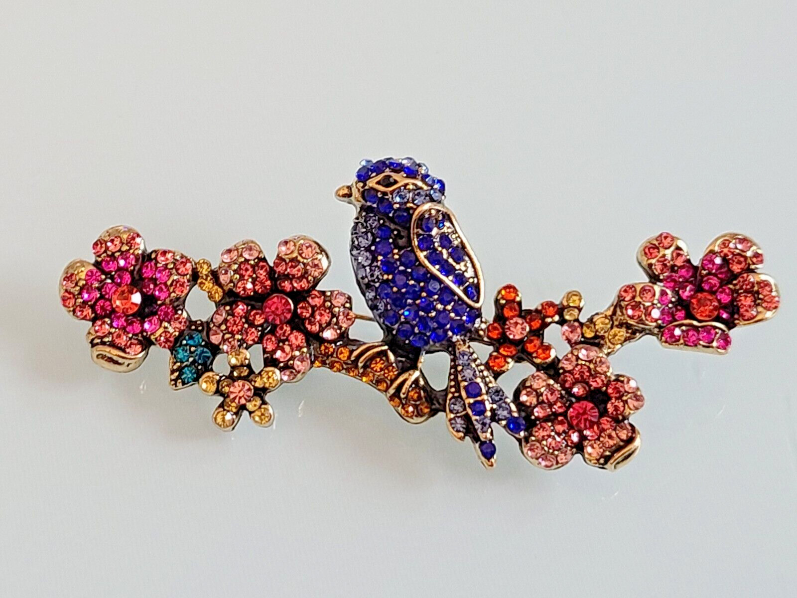 FAB HEIDI DAUS UNSIGNED BLUE BIRD ON A BRANCH OF FLOWERING CHERRIES BROOCH HUGE