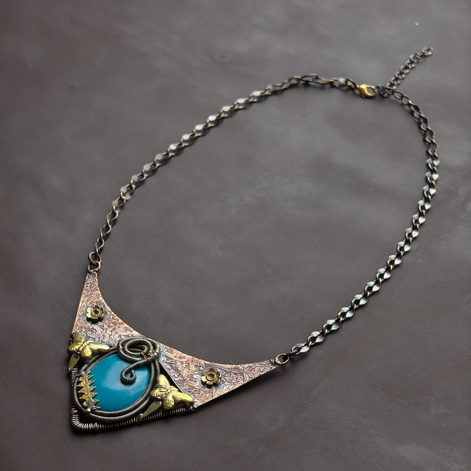 Handmade Turquoise Statement Necklace, Dragonfly Brass Collar Necklace Jewellery