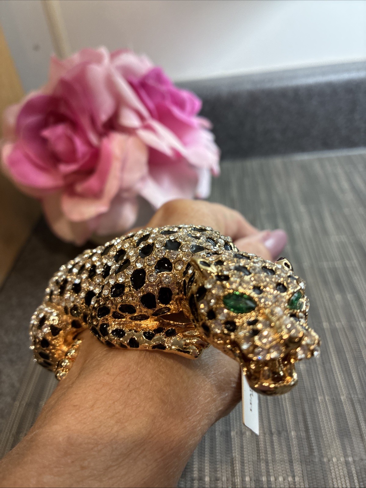 Natasha Gold Leopard Panther Cuff Bracelet Rhinestone, Enamel Green Eyes.