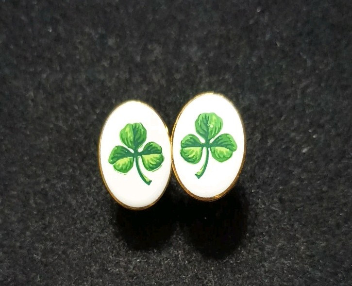 Shamrock Irish Luck Gold Tone Oval Ceramic Enamel Post Back Earrings