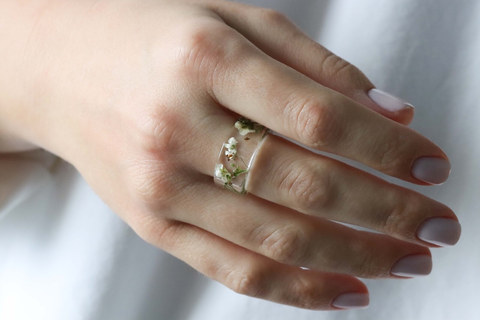 Wide Ring with Pressed Real White Alyssum Flowers and Gold Flakes, Resin Ring