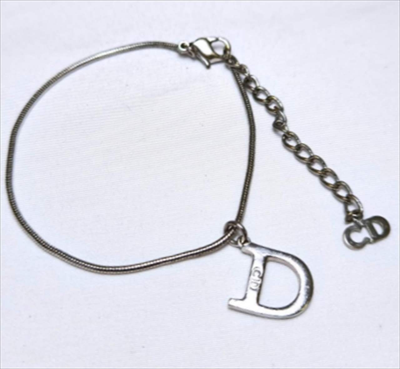 Christian Dior D Logo Charm Bracelet Silver-tone Snake Link Chain 6.7~8.7″long