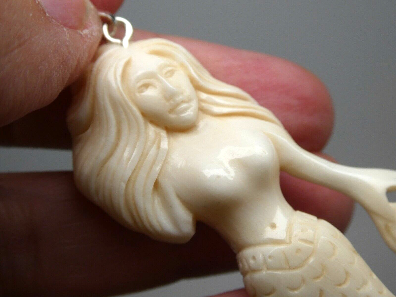 Siren Mermaid Sterling 925 Water Buffalo Bubalus Bubalis Bone Pendant & Cord