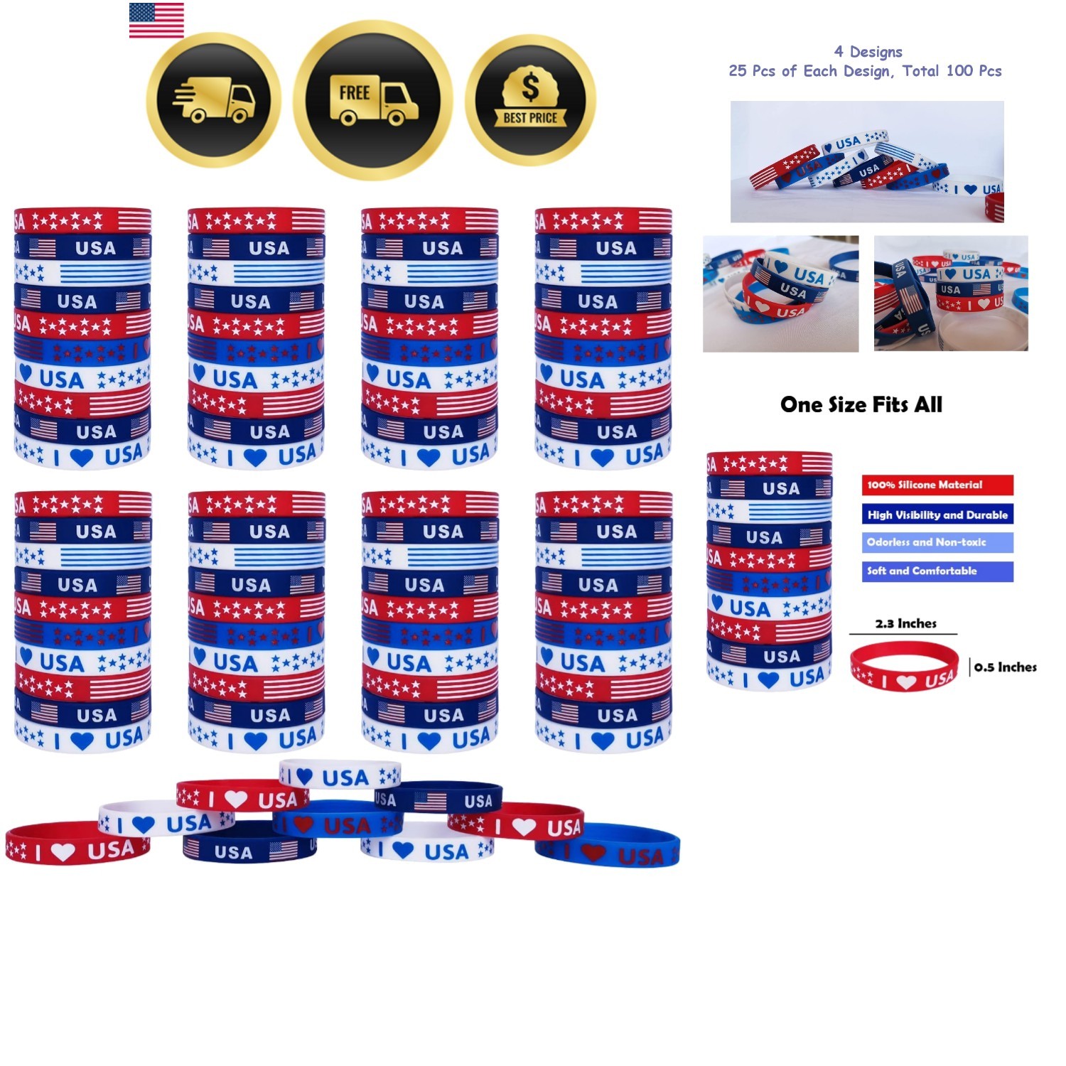 Patriotic Silicone Bracelets USA Flag Wristbands Red White Blue Party Favors