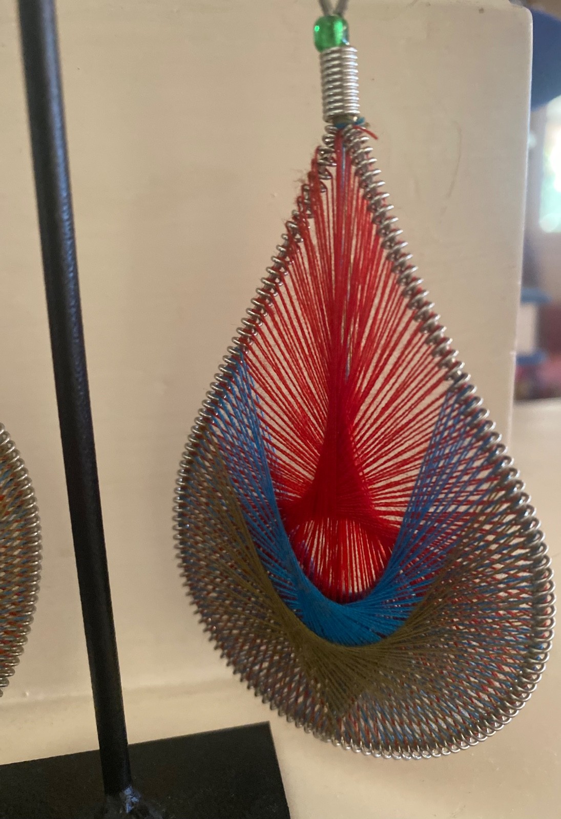 Vintage String Art Peacock Hand Woven Teardrop Earrings Red Blue Green Jewelry