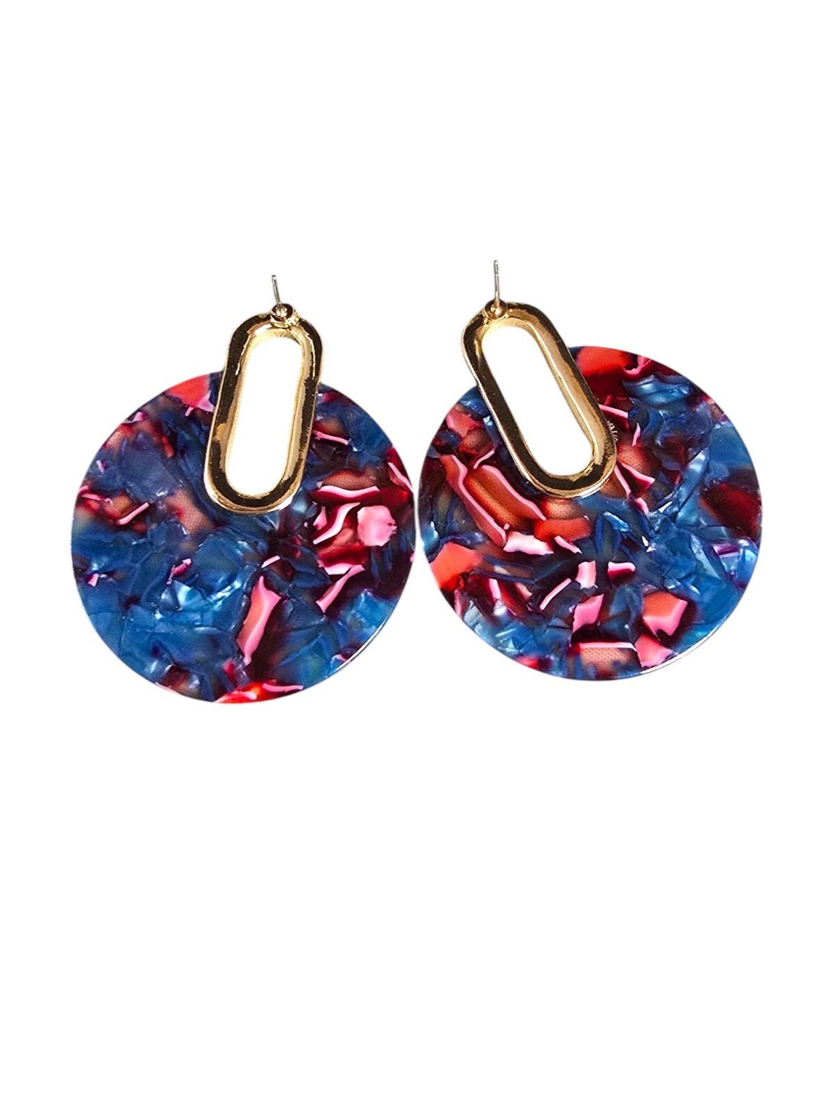 Women’s Gold Plated Blue Pink Multi Statement Pierced Earrings NWOT